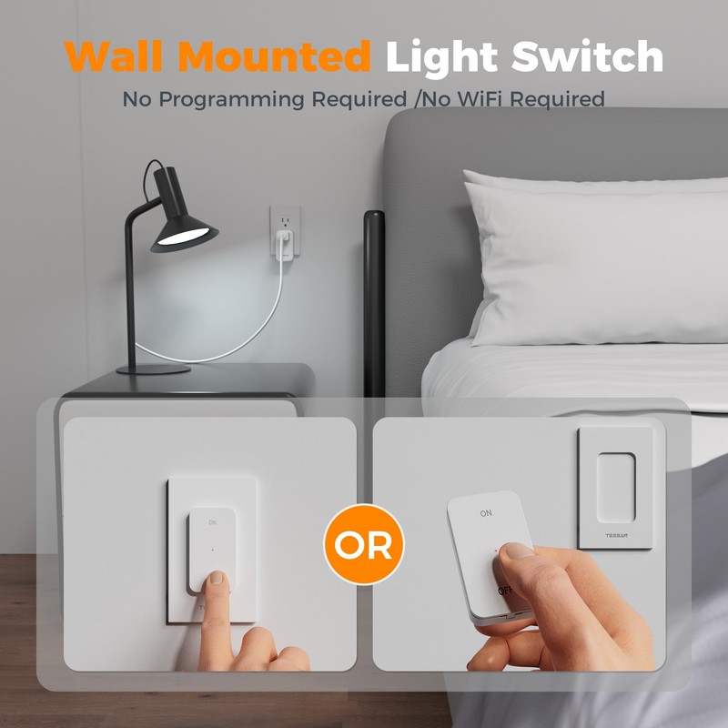 TESSAN Remote Control Outlet Wireless Wall Mounted Light Switch, Range
