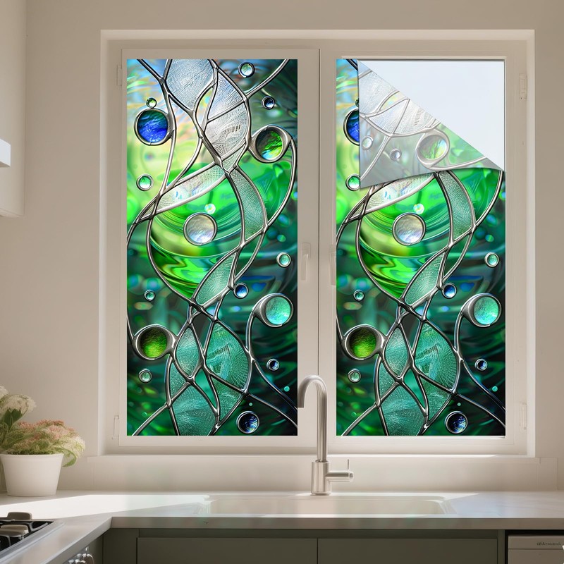 Privacy Window Film Stained Glass Window Blue Green Wave Decorative
