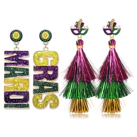 Mardi Gras Earrings for Women, Lightweight Mardi Gras Accessory, Acrylic Fleur De Lis Mask Crown Earrings Carnival Mardi Gras Parades Party Earrings, Fat Tuesday Jewelry Gift, Zinc, crystal