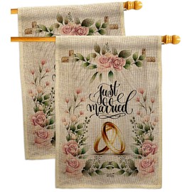 Wedding Rings Burlap House Flags 2 pcs Pack Celebration Marriage Bride Groom Mr Mrs Occasion Anniversary Party Small Decorative Gift Yard Banner Double-Sided Made In USA 28 X 40