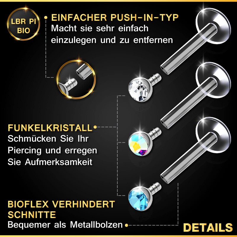 KJM Fashion Bioflex Labret 1.2 mm 16 g Crystal Ball
