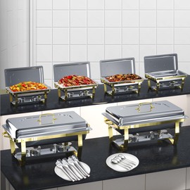 Chafing Dishes for Buffet 6 Pack, 8QT Semi Gold Food Warmers for Parties,High Grade Chafing Dish Buffet Set, Chafers and Buffet Warmers Sets Complete Set,Comes with Food Clip and Service Spoon
