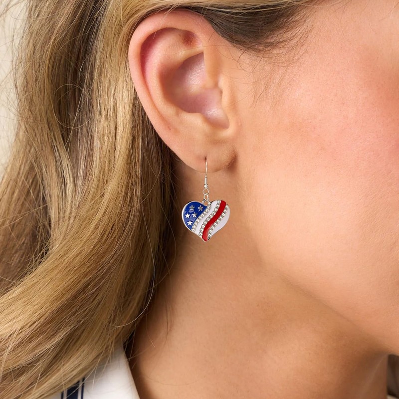BSGRL American Flag Earrings - Heart Shape USA Flag Silver