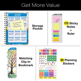 HARDCOVER Academic Year 2025-2026 Planner: (June 2025 Through July 2026) 5.5"x8" Daily Weekly Monthly Planner Yearly Agenda. Bookmark, Pocket Folder and Sticky Note Set (Tree Seasons)