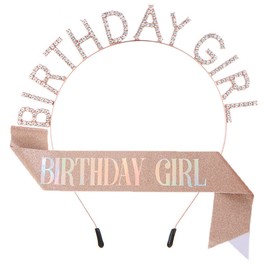 ZHOUHON Birthday Headpiece, Birthday Sash, Girls Crystal Tiara, Girls Birthday Party Decorations Set (Pink-Gold)