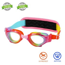 RUIGAO Kids Swim Goggles Age 4-7, Toddler Goggles No Tangle, Child Swimming Mask/Bungee Strap/Soft Band (Fish Padded - Rainbow)