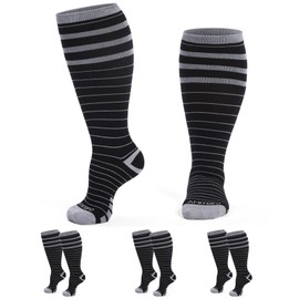 CaiDieNu Bamboo Viscose Compression Socks: Wide Calf Plus Size Compression Socks for Women and Men 15-20 mmHg Knee High Support for Nurses Travel Pregnant Blackstripe (3XL)