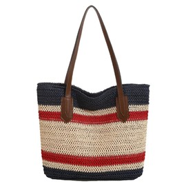 Summer Straw Shoulder Bags for Women Large Straw Bags Beach Bag Color Strip Straw Tote Bags Handbag Woven Hobo Bag Purse 2024, Black, Free