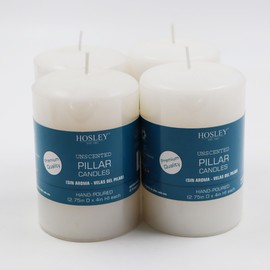 Hosley White Unscented Pillar Candle 4" High Set of 4, Hand-Poured Candle Long Clean Burning, Ideal for Wedding Emergency Lanterns Spa Aromatherapy Party Reiki Candle Gardens