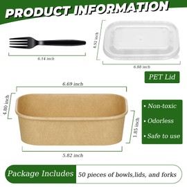 50-Pack 19oz Disposable Kraft Paper Bowls with Lids and Forks, Meal Prep Containers Disposable Serving Bowls Cardboard Food Containers Leakproof and Microwave Safe for Hot and Cold Food, Soup