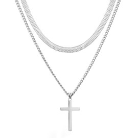 HSWYFCJY Cross Chain Men's Silver/Gold/Black Stainless Steel Cross Chain Long 50/55/60 cm Flat Snake Chain Layered Cuban Necklace with Cross Birthday Christmas Knot Gifts for Men, Stainless Steel