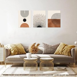 FAEKSUR Wall Art Set of 3, Mid-Century Modern, Neutral Geometric Line Sun, Framed Abstract Boho Art Prints, Bathroom Bedroom Living Room Office Decor