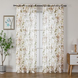 OWENIE Crushed Sheer Curtains 84 Inches Long 2 Panels Set, Sheer Floral Curtains Printed Drapes on Sheers for Living Room, Rod Pocket Light Filtering Farmhouse Window Sheers (2 Panels, 42" x 84")