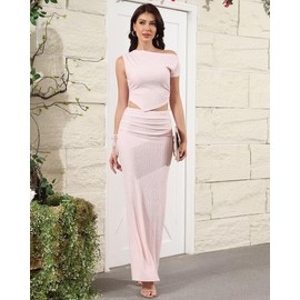 Women 2 Piece Outfits Dress Summer One Shoulder Irregular Crop Top Drawstring Side Bodycon Fishtail Maxi Dress Pink L