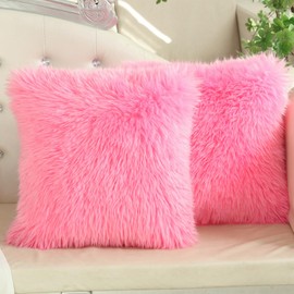 Cute Pink Fur Throw Pillow Covers Fluffy Pillow Cover, Set of 2 Faux Plush Cushion Merino Style Decorative Pillows Case for Couch Bed Living Room Chair Car,18x18 Inch