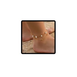 Danshinbow Double Layer Beach Bling Crystal Anklets Summer Foot Accessories Anklet Jewelry for Women and Girls (Gold)
