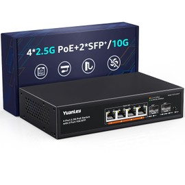 YuanLey 6 Port 2.5G PoE Switch Unmanaged, 4 x 2.5G Base-T PoE Ports, 2 x 10G SFP, IEEE802.3af/at, 78W, Compatible with 100/1000/2500Mbps, Metal Fanless, VLAN, Desktop/Wall Mount 2.5Gbe Network Switch