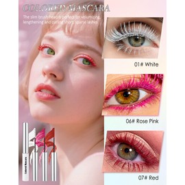 Colored Mascara Set for Eyelashes, 3 Colors White Red Rose Pink Waterproof Long Lasting Lengthening Volumizing Mascara Volume and Length, No Clumps Tube Eye Mascaras with Fine Short Lashes for Women