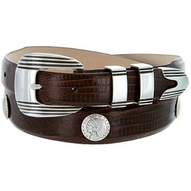 Indian Head Coin Concho Italian Calfskin Genuine Leather Belt 1-1/8"(30mm) taper down to 1"(25mm) wide (Lizar Brown, 32)