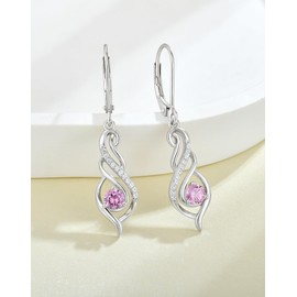 Guesma Twisted Pink Tourmaline Dangle Earrings for Women - Solid Sterling Silver 18K White Gold Plated Drop Created Birthstone Leverback Earrings Jewelry
