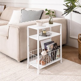 Yoobure Narrow Side Table with Storage Basket, Small End Table for Small Spaces, Skinny Side Tables Living Room Bedroom Office, Slim Nightstand 3 Tier Bedside Table Space-Saving for Magazine, White