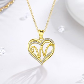 INFUSEU Necklace with Letters, Heart Pendant Necklace, Letter A-Z Alphabet Jewellery, Double Heart Initial Chains, Cubic Zirconia CZ for Women, Romantic Gifts for Girlfriend, 20 Inch Chain, Gold