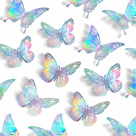 Laser Butterfly Wall Decor, 48Pcs 2 Styles 3 Sizes Butterflies for Birthday Cake Cupcake Toppers, 3D Paper Iridescent Sticker Graduation Grad Cap Decorations Baby Shower Girl Room Nursery Decals | Tixiquns