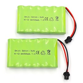 Gecoty 7.2V RC Battery, 2 Pack 1500mAh Ni-Cd Rechargeable 6-Cells AA Battery Packs with SM 2P Plug for RC Trucks, Construction Vehicles, Excavators, Electric Toys