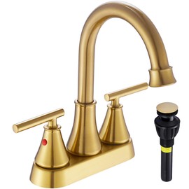 Bathroom Sink Faucet 4 Inch 2 Handle Centerset Brushed Gold Lead-Free Modern Bathroom Faucet Vanity Faucet with Pop-up Drain Stopper and Supply Hoses