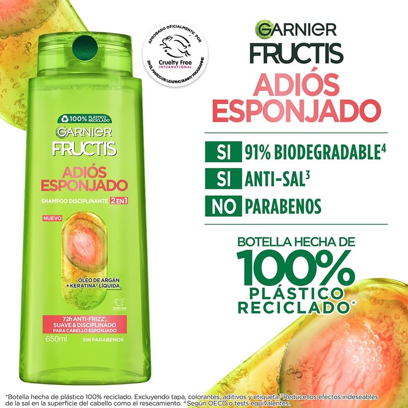 Garnier Fructis Adiós Esponjado Shampoo Antifrizz 2en1 650 ml