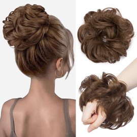Hairro Messy Hair Bun Extensions Hair Piece Curly Wavy Scrunchies Synthetic Chignon with Elastic Rubber Band Ponytail Hairpiece for Women Hair Updo Donut for New Year Birthday Party #6 Red Brown 25g/pc 2pcs