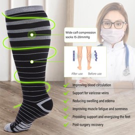AMITOFO Plus Size Compression Socks Wide Calf for Women & Men, Bamboo Viscose 15-20 mmHg Knee High Support for Running Travel Nurses Pregnancy (3 Pairs, Mix Colors, 5XLarge)