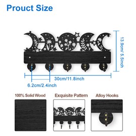 MAYJOYDIY Moon Phase Star Coat Rack Wall Mount Wooden Floral Moon Key Holder for Wall 11.8×5.5inch 5 Alloy Hooks Dreamy Wall Art Decor Black Key Rack Organizer for Gift Entryway Hallway Kitchen Room