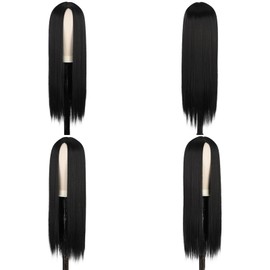 Chemical fiber wig female full head set type middle parted ladies black long straight