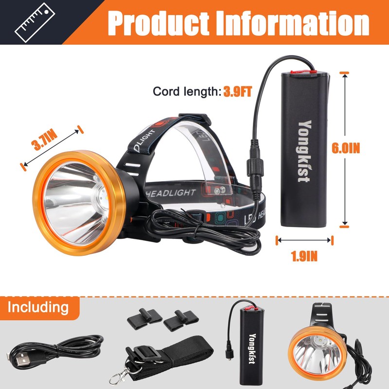 Yongkist Super Bright Headlamp High Power Headlight Rechargeable LED Spotlight