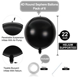 6 Pack Black 22 Inch 4D Foil Balloons Big 360 Degree Round Sephere Mylar Balloons Mirror Finish Metallic Balloons for Wedding,Birthday,Bachelorette,Baby Shower Decorations Party Supplies