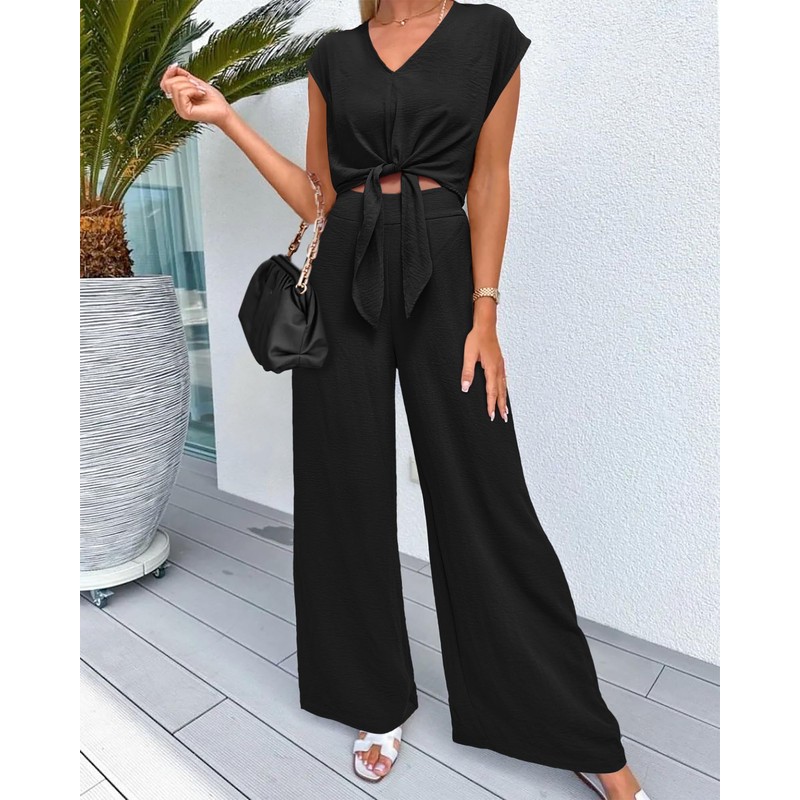PRETTYGARDEN Women's Summer 2 Piece Outfits 2025 Cap Sleeve V