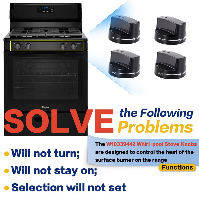4 Pack W10339442 Whirl-Pool Stove Knobs Replacements, PS11753188 Whirlpool Stove/Gas/Oven