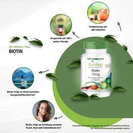 Fairvital Biotin 10 mg - with 10,000 mcg Vitamin B7 per Tablet - High Dose - for Skin & Hair - Vegan - 200 Tablets