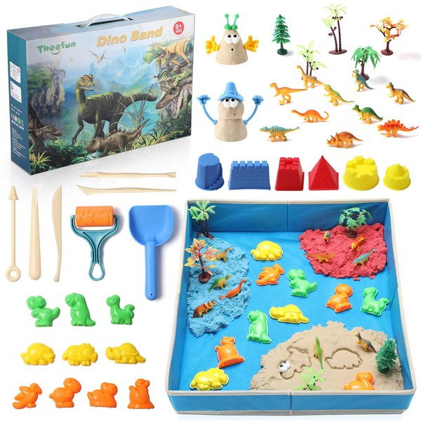 Play Sand Kit for Kids, Theefun 3lbs Moving Sand with 3 Colors, 46 Pieces Sand Play Set Included Free Sandbox, Construction Molds, 10 Dinosaurs Figures, 10 Dino Molds Birthday Gifts for Boys and Girls