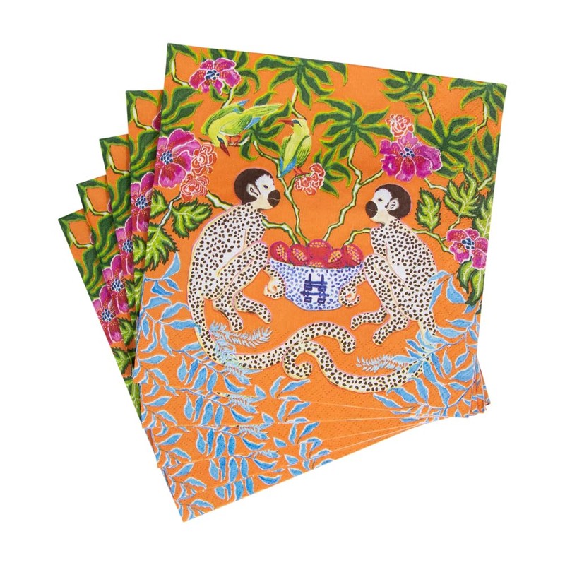 Caspari Monkeys Paper Luncheon Napkins in Orange - Four Packs