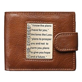 Christian Art Gifts Genuine Leather Wallet for Men Plans For You with Brass Inlay – Jeremiah 29:11 Bible Verse Quality Classic Leather Spice Brown RIFD Blocking Bifold Wallet Christian Gifts for Men