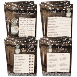 Bridal Shower Bachelorette Games, Rustic Wood Barrel Mason Jar, He Said She Said, Find The Guest Quest, Would She Rather, Phone Game, 25 games each