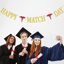 Happy Match Day Banner, Congrats on Matching Bunting Sign, Medical/Nursing School Graduation Party Decorations Supplies Gold Glitter