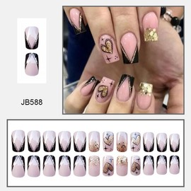 24Pcs Valentines French Tip Press on Nails Medium Square Fake Nails with Gold Glitter Heart False Nails Design Black Nail Tips Stick on Nails Nude Glossy Full Cover Artificial Glue on Nails for Women