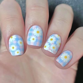 Flower Press on Nails Short Square Fake Nails Blue Pink False Nails with Cute Daisys Designs Full Cover Stick on Nails Glue on Nails Summer Nails Acrylic Nails for Women Girls 24 Pcs