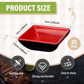 Hushee 25 Pcs Dipping Bowls Soy Sauce Dishes Dipping Sauce Bowls Dip Serving Bowls Set Black Red Side Small Dish Bowls Melamine Sauce Cups Pinch Bowls for Condiment, Sauce, Soy, BBQ, Desserts(Square)
