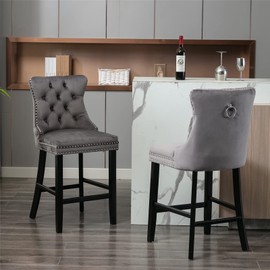 LZ LEISURE ZONE Counter Height Bar Chairs Set of 2, Velvet Upholstered Bar Stools with Button Tufted Decoration, Chrome Nailhead Trim and Back Ring, Seat Height 27.2" (Grey)