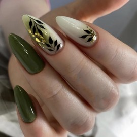 BABALAL Acrylic Press on Nails Medium Almond Fake Nails Green Glue on Leaves Design Glossy Stiletto False Nails 24Pcs Artificial Nail Art