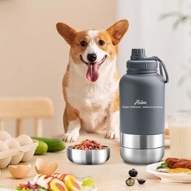 3-in-1 Travel Pet Feeder and Water Bottle - 32 oz Insulated Stainless Steel with Dual Food and Water Bowls (Gray)